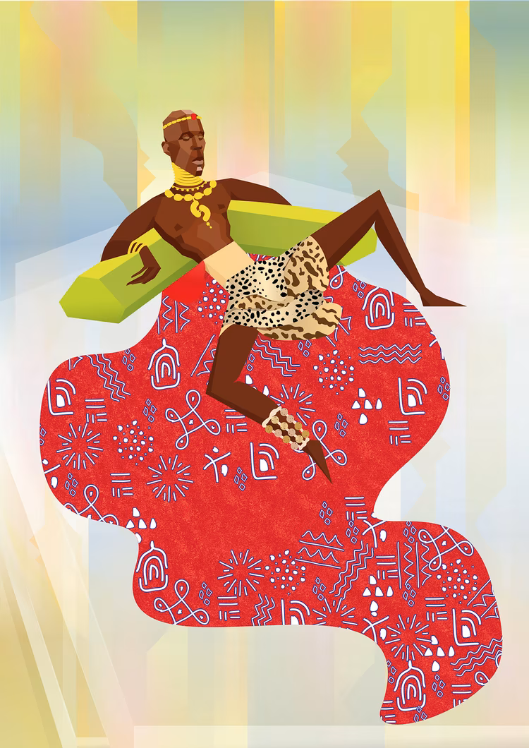 In many pre-colonial Zambian societies, everyday garments were made from hunted game, while leopard and lion skins were reserved exclusively for royalty. ( Illustrations by Tsungai Kaunda for Nkwazi Magazine).