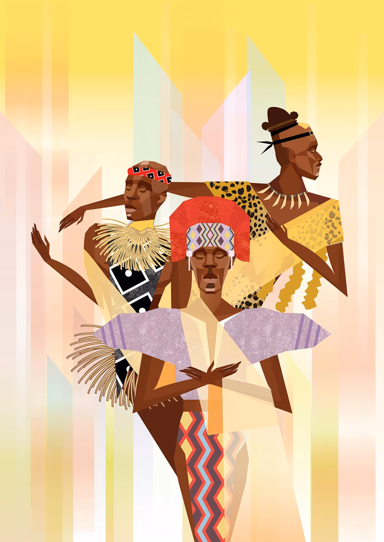 Costumes such as Makishi were not decorative. Through movement, material and ritual, they transformed the wearer into a spiritual intermediary. ( Illustrations by Tsungai Kaunda for Nkwazi Magazine).