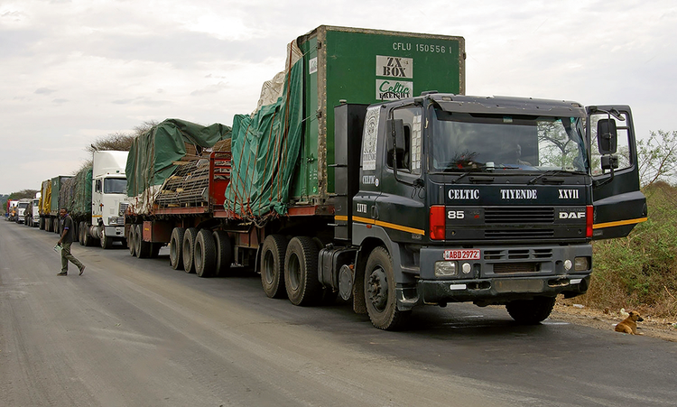 Trucks await processing at Kazungula border.