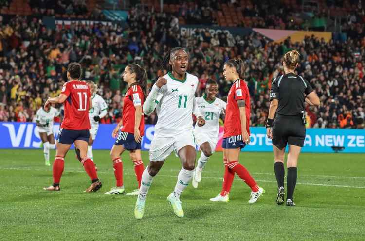 Barbra Banda celebrates after scoring her first goal at 2023 Women&#x27;s World Cup (Image by Sports Press Photo)