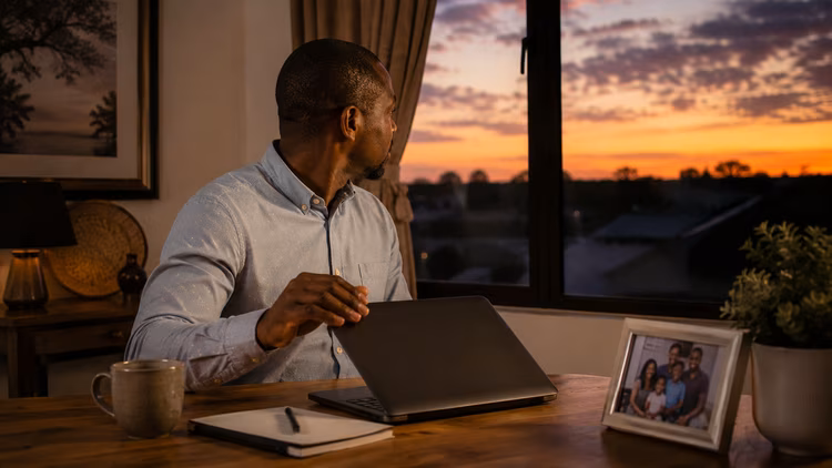 Something as simple as muting work‑related notifications after 7pm, or visibly closing the laptop at the end of the day, creates breathing room that no salary can buy. (Image is artists impression).