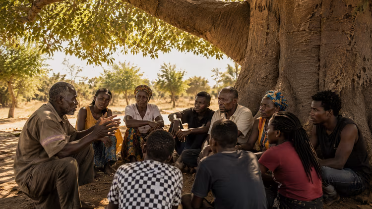 Zambian communities still gather in the long afternoon shadows—passing down the very knowledge that colonisers swore they had extinguished. (Image is artists impression).