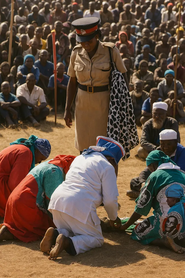 The chieftainess kneels as the ceremony begins.