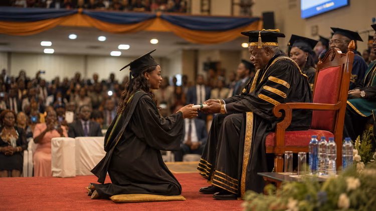 Even under graduation gowns, for some, the old instinct to kneel before wisdom remains. (Image is artists impression).