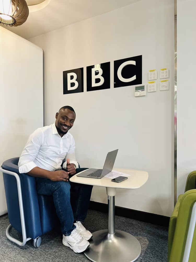 Jonah spent three months working with BBC News teams in London across TV, radio, and online platforms, receiving training and mentorship from leading BBC journalists. (Image courtesy of Dingindaba Jonah Buyoya).