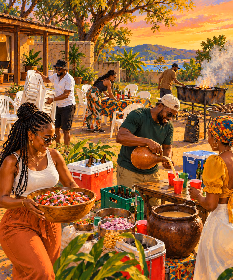 Preparing the food, tending the fire and arranging the seating can turn a braai into a shared effort, with guests contributing in different ways to make everyone feel welcome. (Image is artists impression).