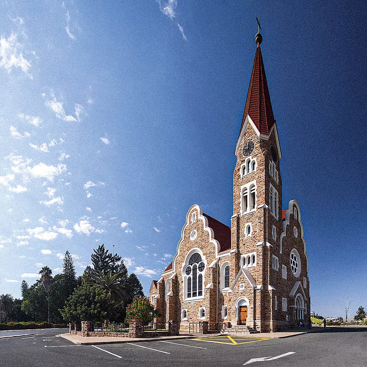 Windhoek’s skyline is anchored by Christ Church, a landmark built in 1910. Its mix of Gothic and Art Nouveau design reflects the city’s early German influence. (Image courtesy of Namibia Tourism Board).