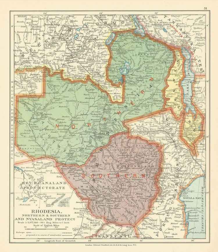 Old map of Rhodesia and Nyasaland (Zambia, Zimbabwe and Malawi).