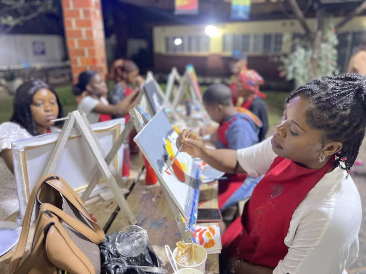 Whether it’s a birthday celebration, a casual hangout with friends, team-building, or a date night, an experienced artist guides every session, so all you need to bring is your enthusiasm. (Image courtesy of PaintandSip Zambia).