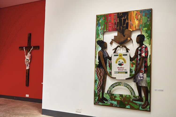 ‘One Zambian Family, One Bag 1’ reimagines Zambia’s Coat of Arms, using a bag of roller meal to critique inequality. (Image courtesy of Anthony Black).