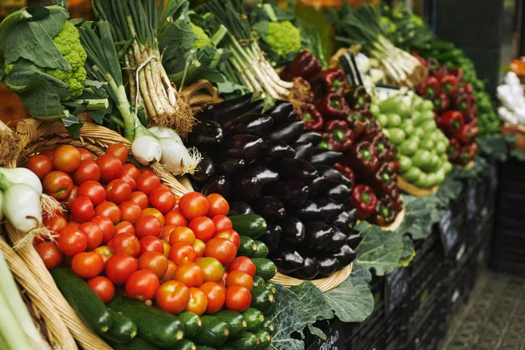 A colourful selection of fresh fruit and vegetables reflects the variety of produce available across Lusaka's markets.