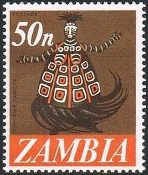 Postage stamp depicting likishi dancer by Gabriel Ellison. (Image courtesy of Rhodesian Study Circle).