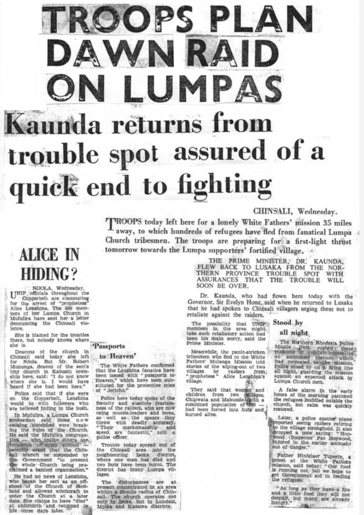 Newspaper article on the Lumpa Raids which targetted members of Alice Lenshina&#x27;s (Image courtesy of NRZam) Lumpa Church