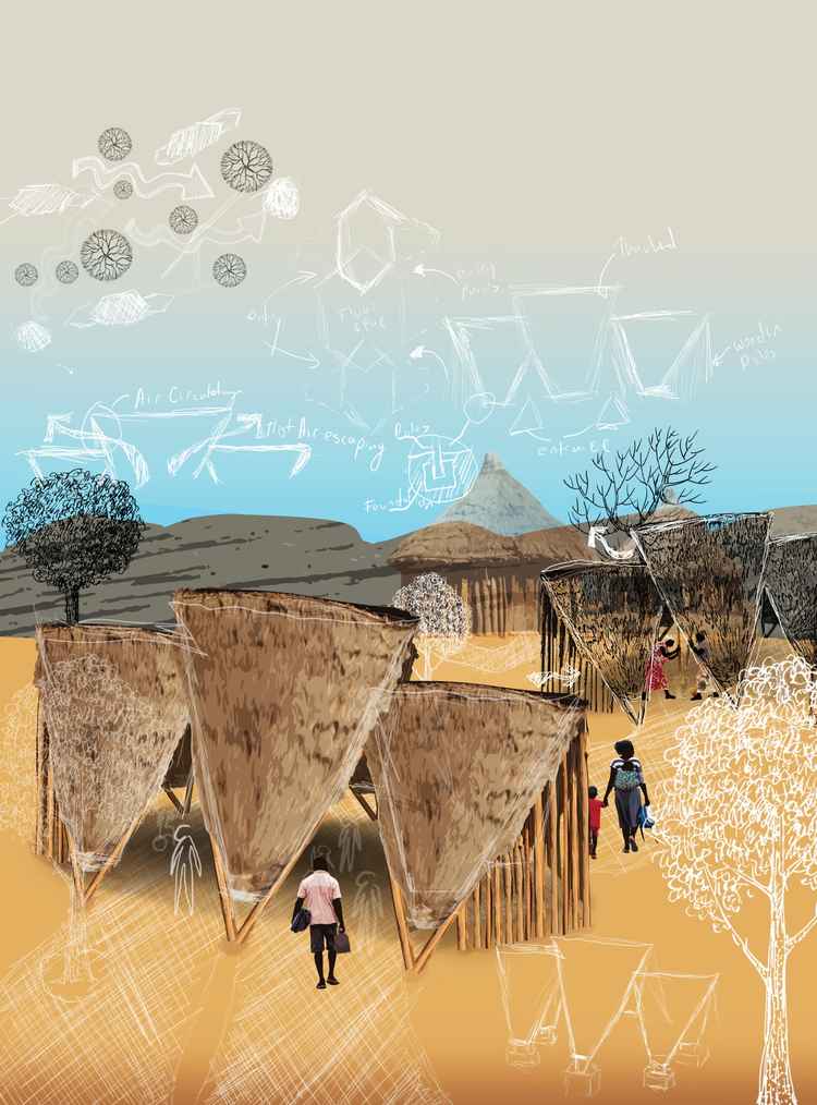 Zambian vernacular homes use passive cooling with thatched roofs and mud walls, naturally resilient to climate extremes. (Illustration by Nkwazi/Chiza Gondwe).