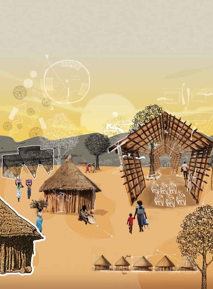 Zambian vernacular architecture is  a blend of the different cultures of  the greater Bantu population that  originated in parts of Central Africa.  There are many similarities in typology,  ornamentation and social context. (Illustration by Nkwazi/Chiza Gondwe).