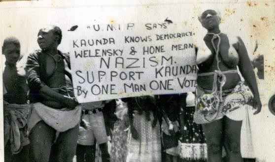 Julia &#x27;Mama Chikamoneka&#x27; (left) in a protest with fellow female freedom fighters. (Image courtesy of ZANIS).