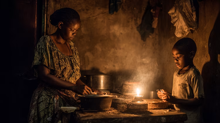 When power goes out, the routine doesn’t stop, it just changes. Across town, matches strike and charcoal fires take over the night. (Image is artists impression).