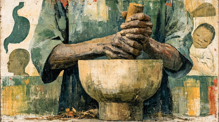 This spiritual framework often works alongside clinic‑prescribed medication, addressing the same illness through different dimensions. (Image is artists impression).