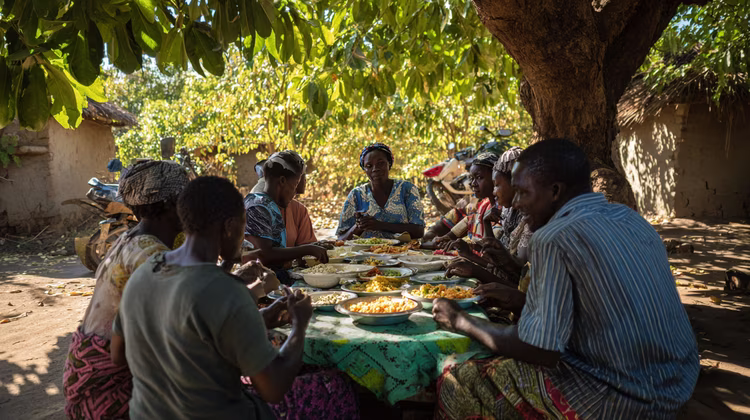 Eating becomes a central, warming event for storytelling and connection, often accompanied by an array of unique relishes and peanut sauce. (Image is artists impression).