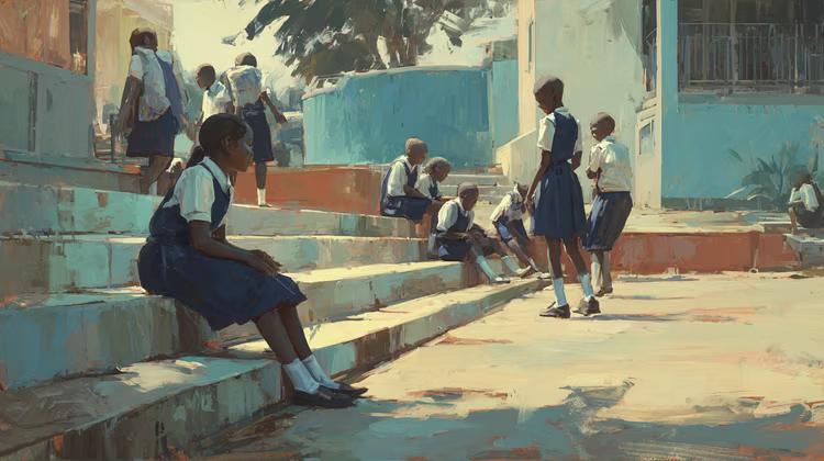 On the school playground, children repeat what they have heard at home, often without understanding what they are reinforcing. (Image is artists impression).