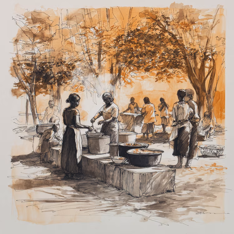 Inside the house, meals are prepared without instruction, while babies are passed from one set of arms to another. (Image is artists impression).