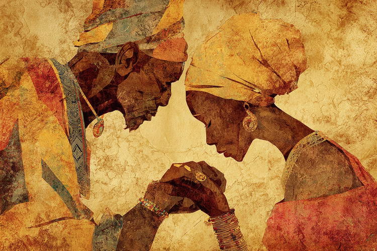 Mwata Iyala Mwaku transfered the sacred Lukano bracelet to his daughter Lueji, affirming her as the legitimate successor to the Lunda throne. (Image is artists impression).