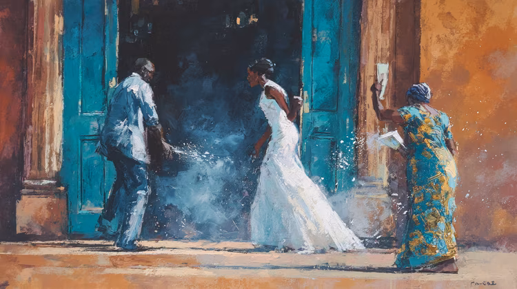 A couple undergoing amafunde, marital instruction rooted in intimacy, obligations, and defined household roles will stand before a pastor and exchanges vows, invoking the Trinity. (Image is artists impression).