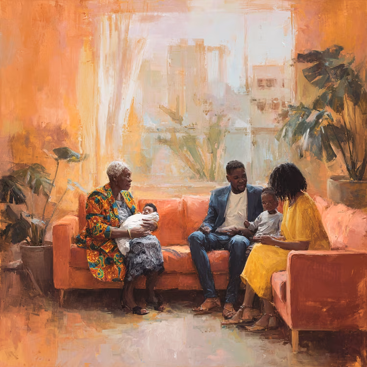 A child may be prayed over in church and baptised, while grandparents follow naming customs tied to lineage continuity. (Image is artists impression).