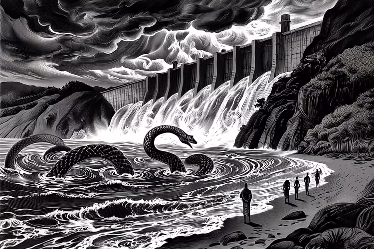 The story of Kariba cannot be told without the river spirit, the Nyami Nyami. The Valley Tonga believe he lives in the depths of the Zambezi, a serpent-like protector with the head of a fish and the body of a snake. (Image is artist's impression).